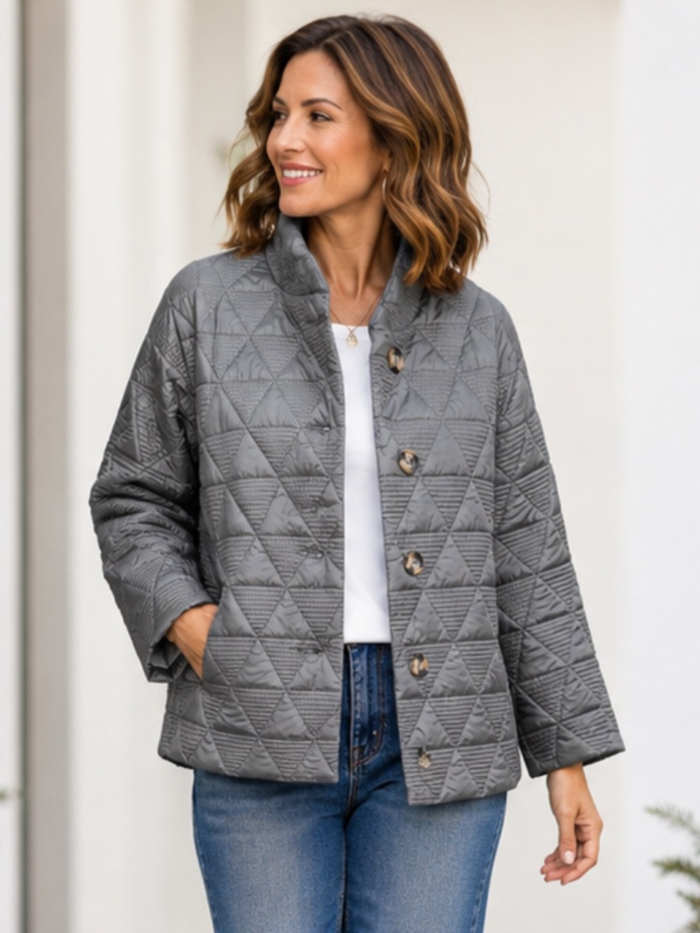 MARLA WYNNE Women's Gray Geometric Quilted Puffer Jacket Size M NWOT